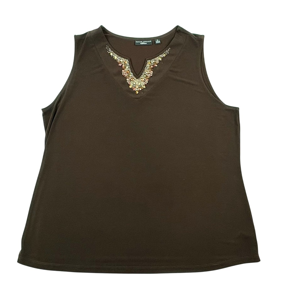 Susan Graver XL Artisan Brown Beaded Embellished‎ Sleeveless Tank Top Elegant
